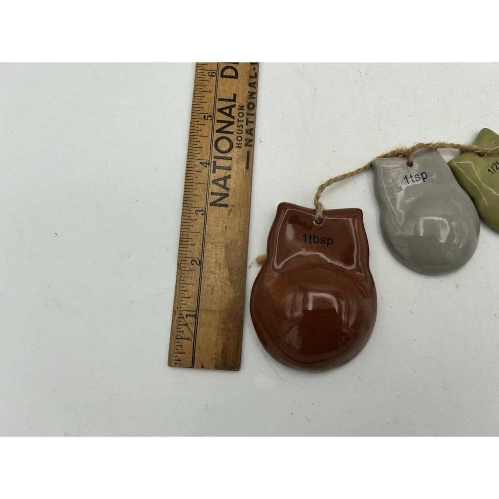 Ceramic Owl Measuring Spoons Set of 4 Brown Green White Gray Twine Hanger‎